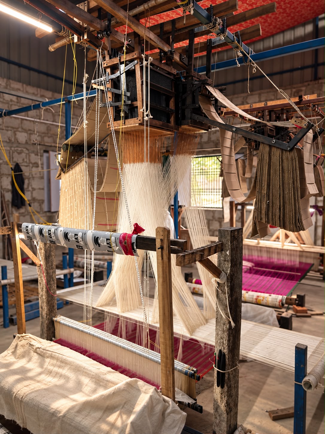 Jacquard loom with silk warp threads