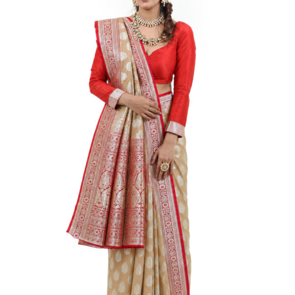 Warm Beige Semi-Katan Banarasi Saree - view 1