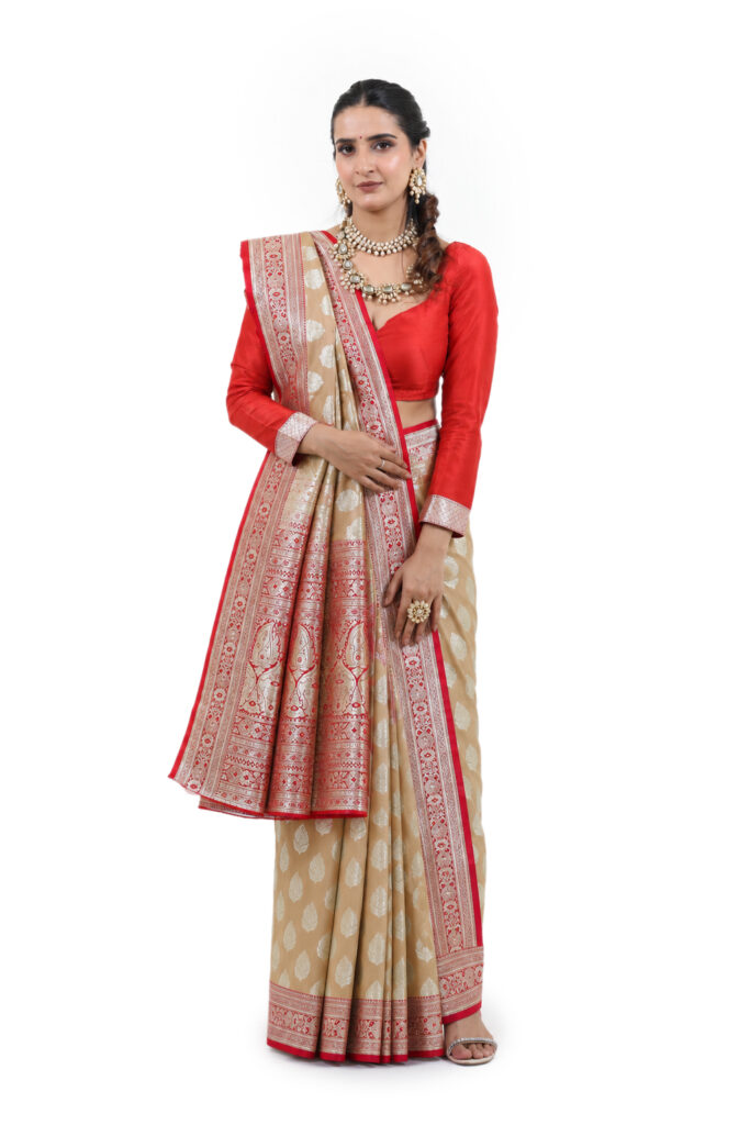Warm Beige Semi-Katan Banarasi Saree - view 1