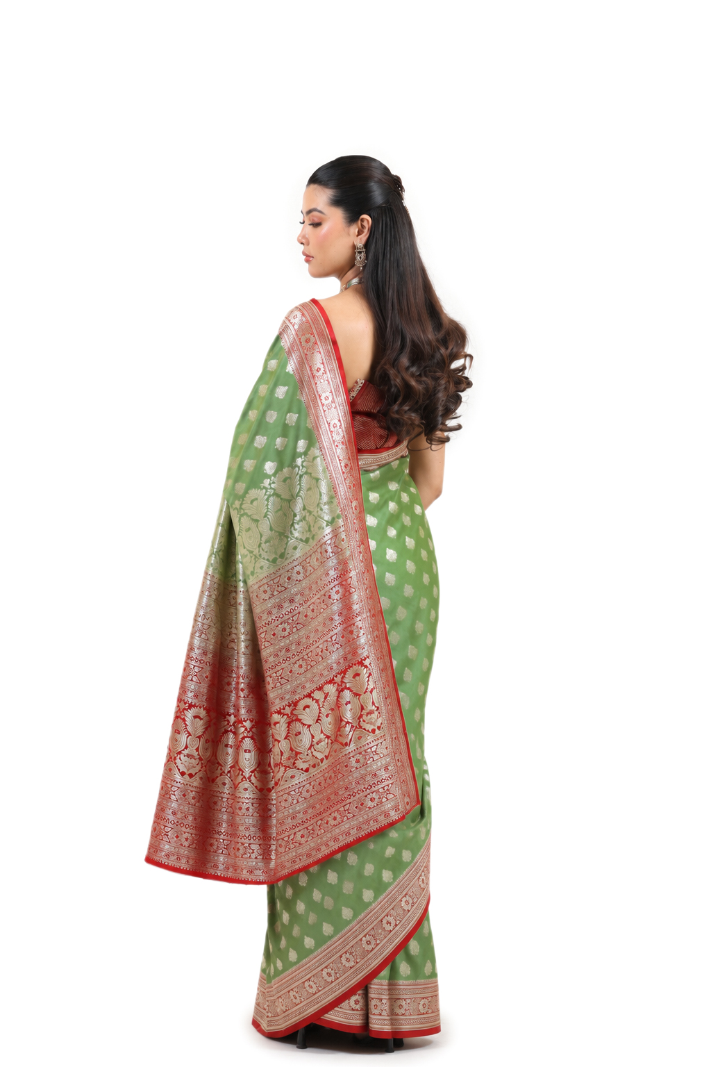 Olive Green Semi-Katan Banarasi Saree - view 1