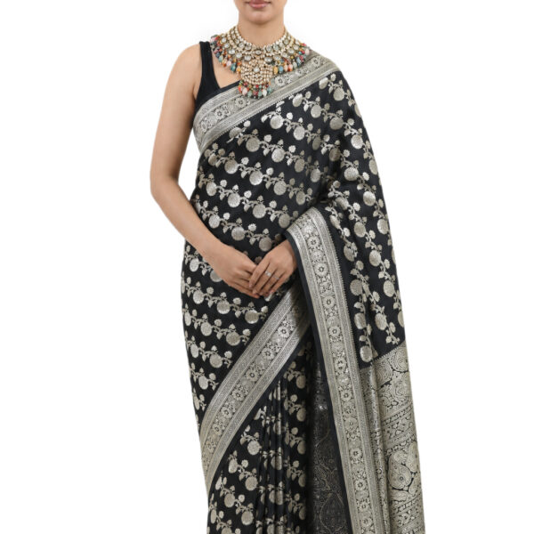 Black Semi-Katan Banarasi Saree - view 1