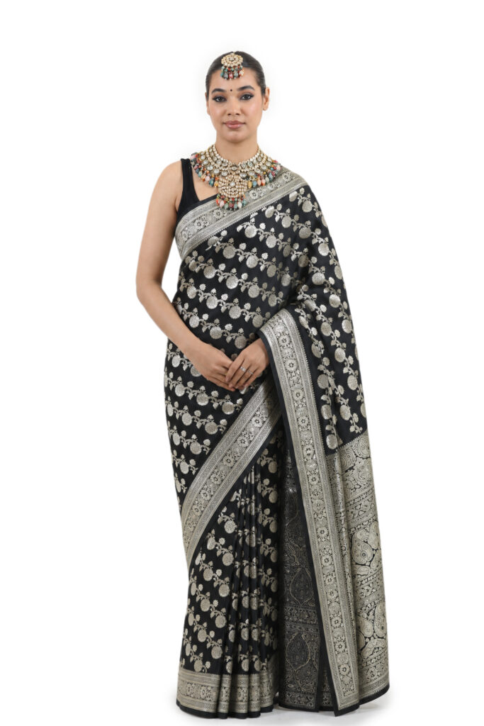 Black Semi-Katan Banarasi Saree - view 1