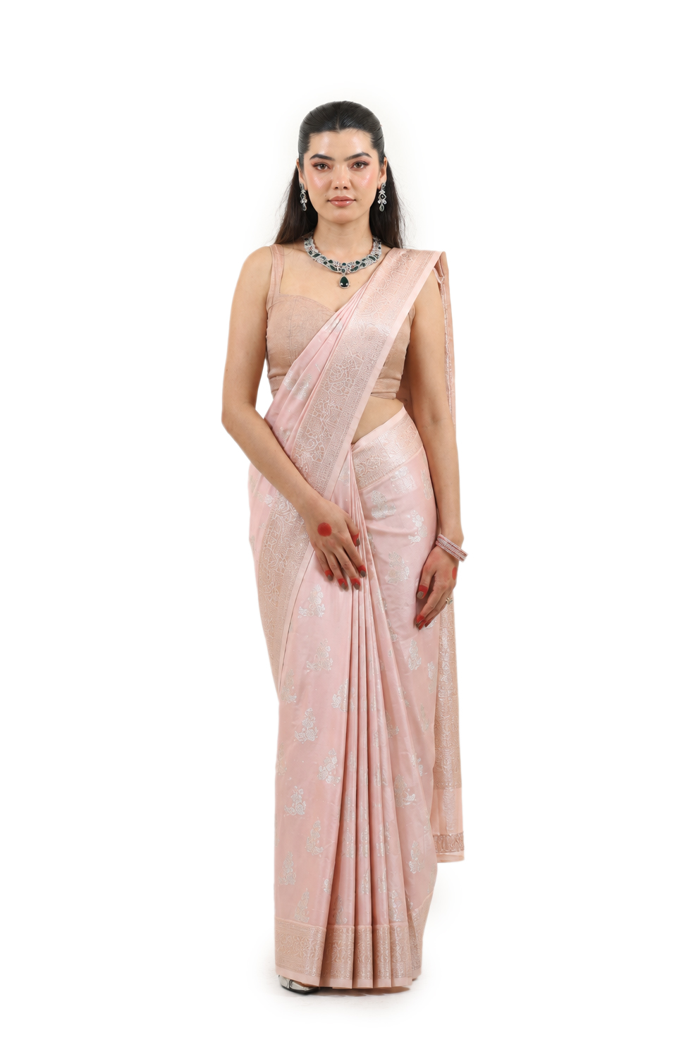 Baby Pink Semi-Katan Banarasi Saree - view 1