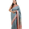 Slate Blue-Grey Semi-Katan Banarasi Saree - view 1
