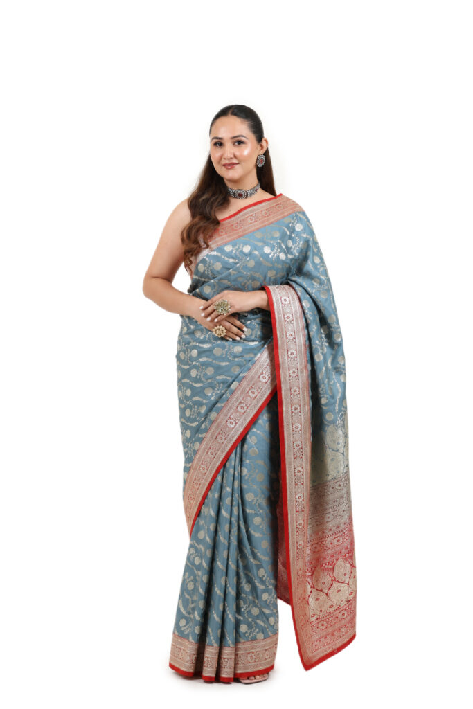 Slate Blue-Grey Semi-Katan Banarasi Saree - view 1