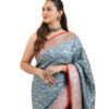 Slate Blue-Grey Semi-Katan Banarasi Saree - view 2