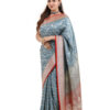 Slate Blue-Grey Semi-Katan Banarasi Saree - view 3