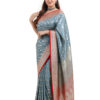 Slate Blue-Grey Semi-Katan Banarasi Saree - view 5