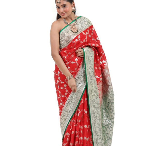 Red Semi-Katan Banarasi Saree - view 1