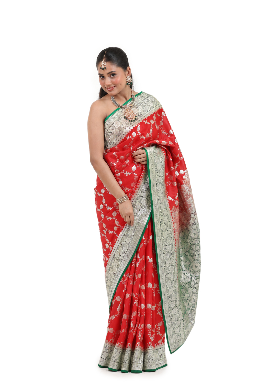 Red Semi-Katan Banarasi Saree - view 1