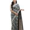 Slate Grey-Green Semi-Katan Banarasi Saree - view 1