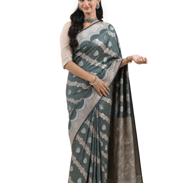 Slate Grey-Green Semi-Katan Banarasi Saree - view 1