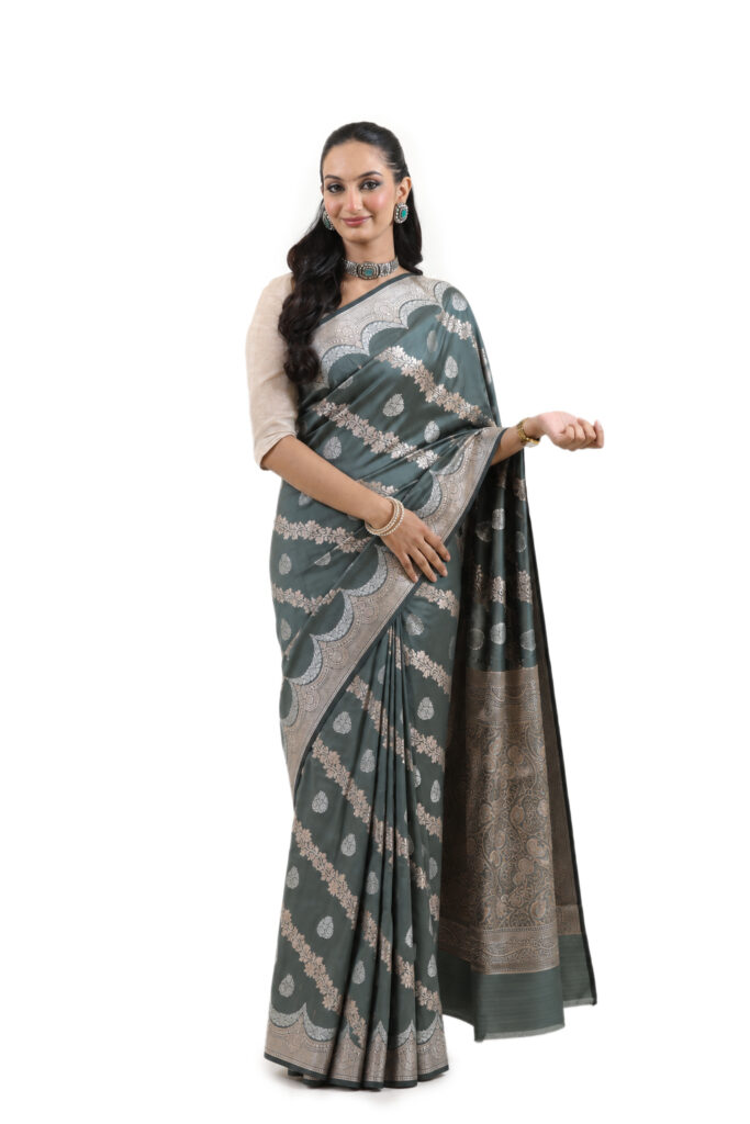 Slate Grey-Green Semi-Katan Banarasi Saree - view 1