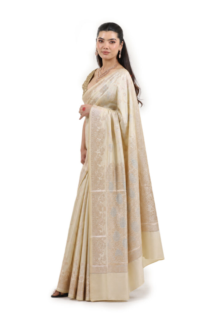 Ivory Champagne Semi-Katan Banarasi Saree - view 1