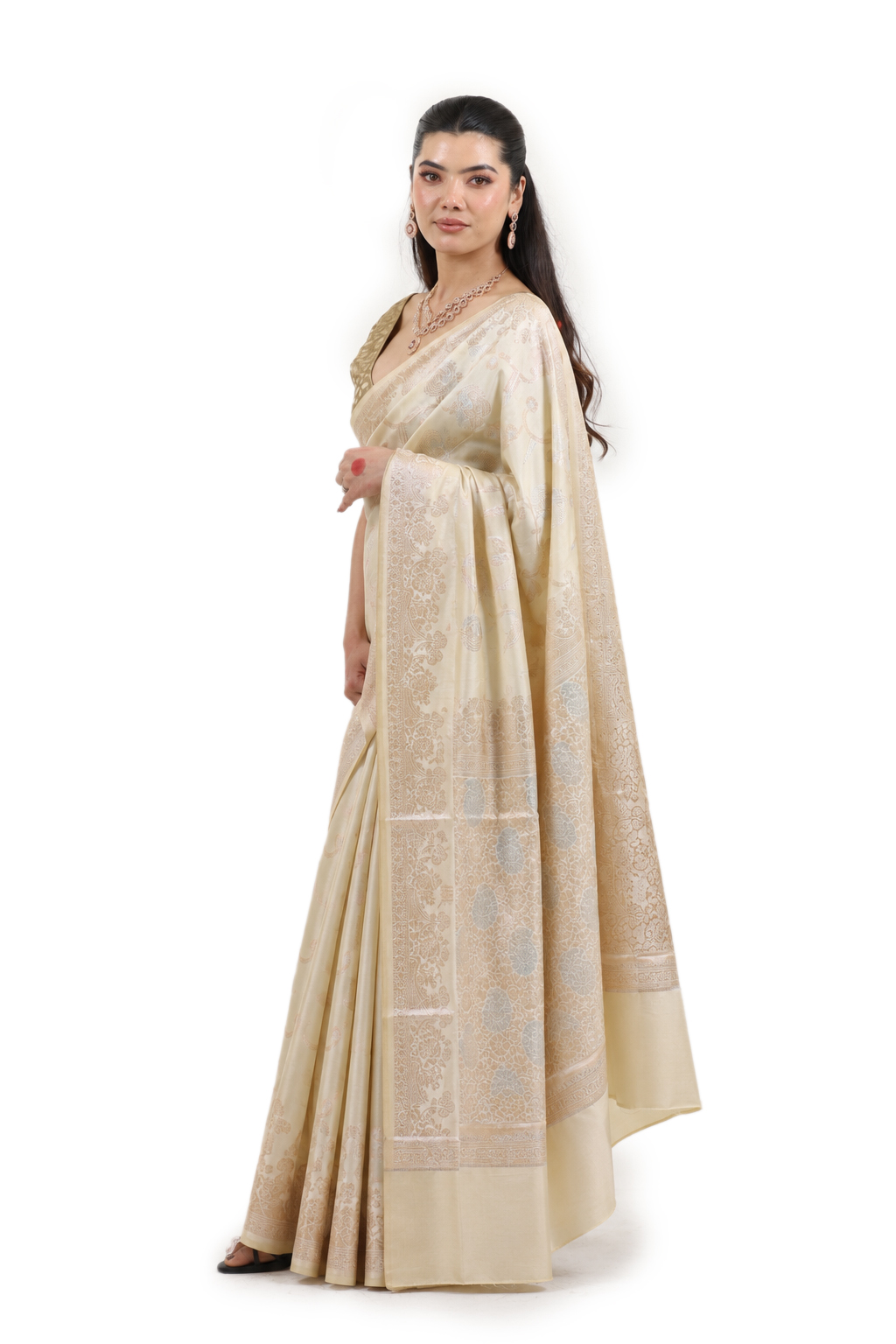 Ivory Champagne Semi-Katan Banarasi Saree - view 1
