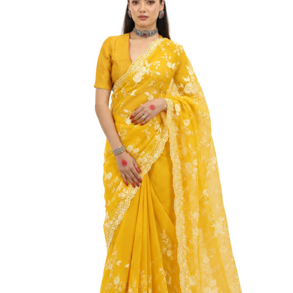 Radiant Yellow Pure Organza Hand Embroidery Saree - view 1