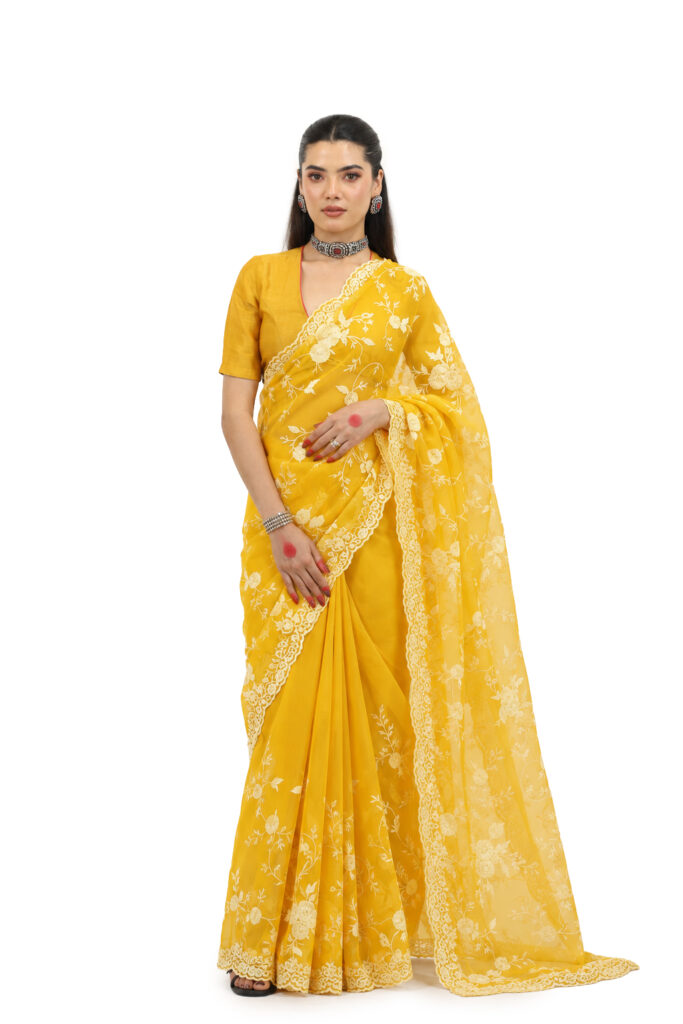Radiant Yellow Pure Organza Hand Embroidery Saree - view 1